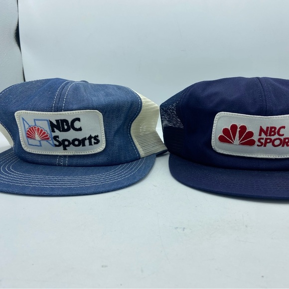 2 Vintage NBC Sports Patch Snapback Hat Trucker Mesh Cap USA K-Brand Denim/Navy - Picture 1 of 7